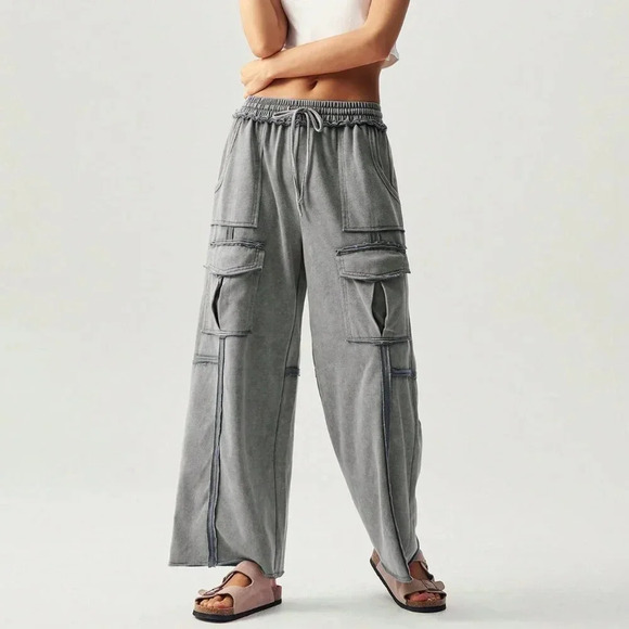 Dark Grey Casual Women's Vacation Knitted Pleated Pocket Palazzo Pants - Picture 6 of 7